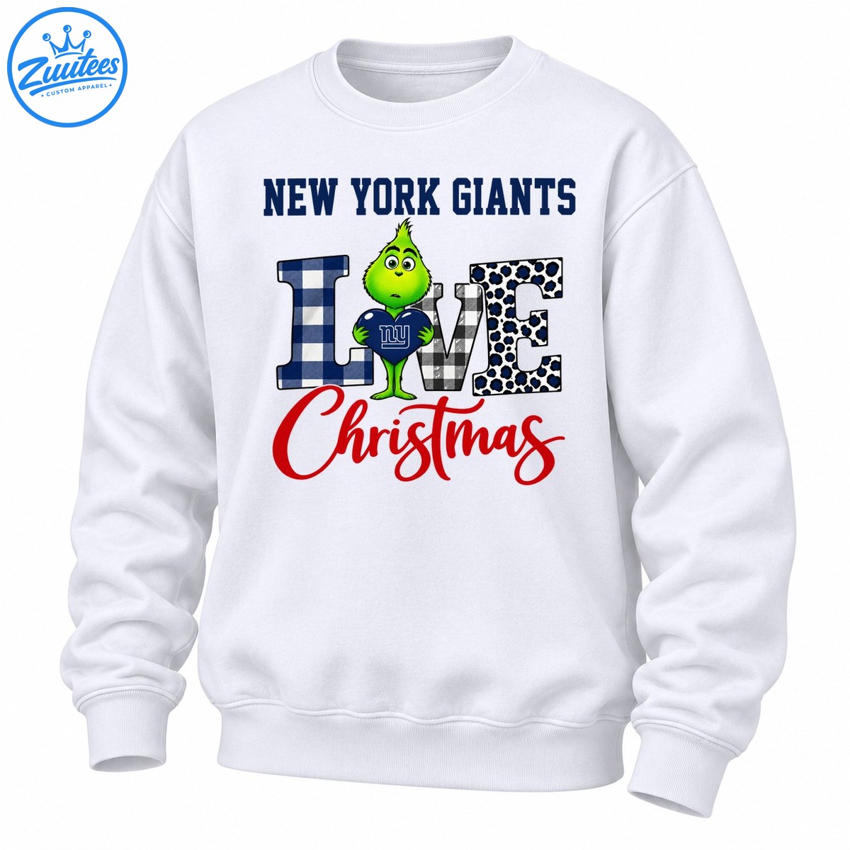 Grinch Holding New York Giants Heart Merry Christmas Checkered Leopard Pattern Sweatshirt