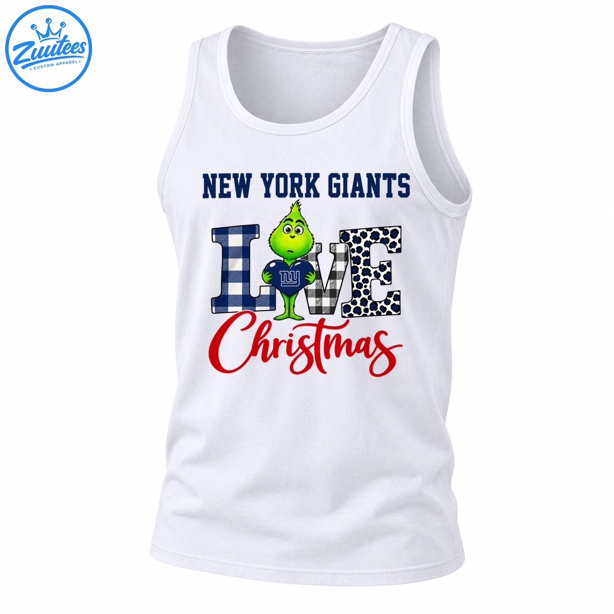 Grinch Holding New York Giants Heart Merry Christmas Checkered Leopard Pattern Tank Top