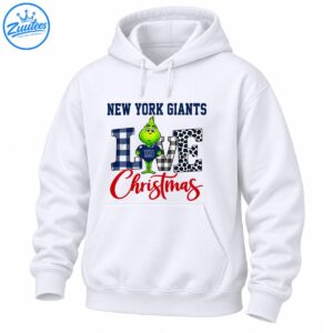Green Grinch holding a blue heart with NY lettering beside plaid and leopard print LOVE letters and red Christmas script