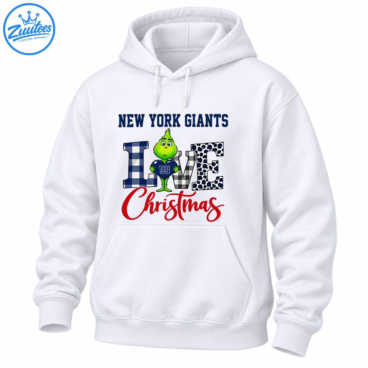 Green Grinch holding a blue heart with NY lettering beside plaid and leopard print LOVE letters and red Christmas script Green Grinch holding a blue heart with NY lettering beside plaid and leopard print LOVE letters and red Christmas script