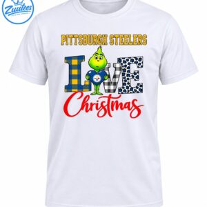 Green Grinch holding a blue heart in a LOVE design with Steelers lettering, plaid patterns, leopard spots, and red Christmas script