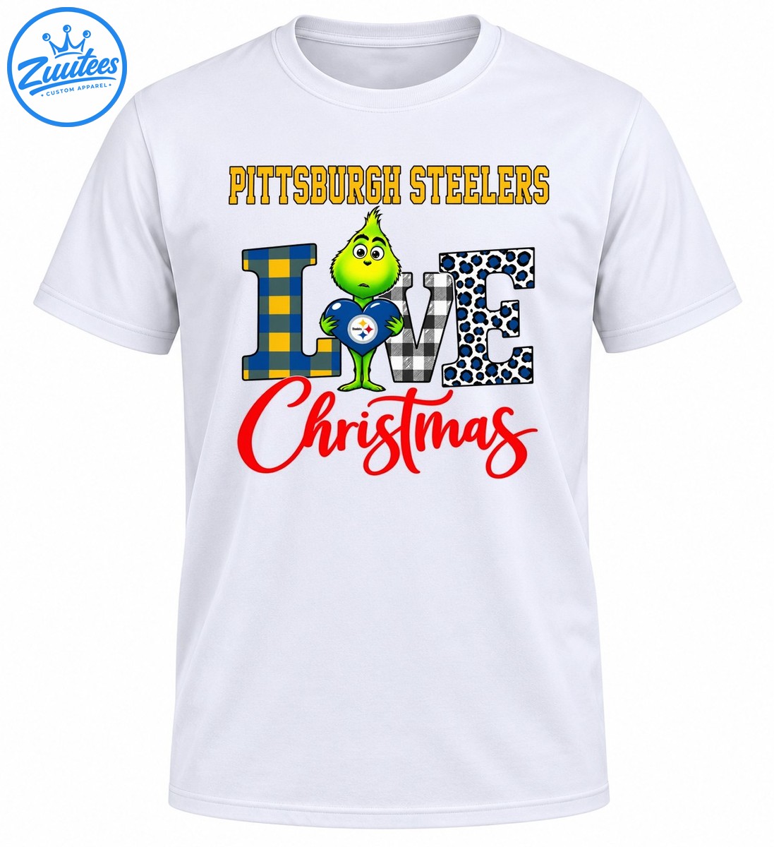 Green Grinch holding a blue heart in a LOVE design with Steelers lettering, plaid patterns, leopard spots, and red Christmas script Green Grinch holding a blue heart in a LOVE design with Steelers lettering, plaid patterns, leopard spots, and red Christmas script