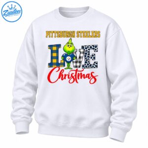 Green Grinch holding a blue heart in a LOVE design with Steelers lettering, plaid patterns, leopard spots, and red Christmas script