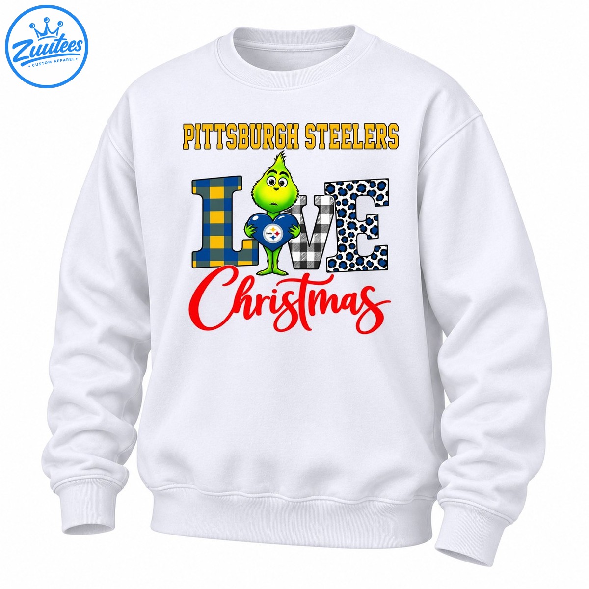 Grinch Holding Pittsburgh Steelers Heart Merry Christmas Checkered Leopard Pattern Sweatshirt