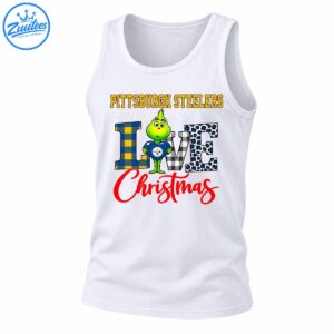 Green Grinch holding a blue heart in a LOVE design with Steelers lettering, plaid patterns, leopard spots, and red Christmas script