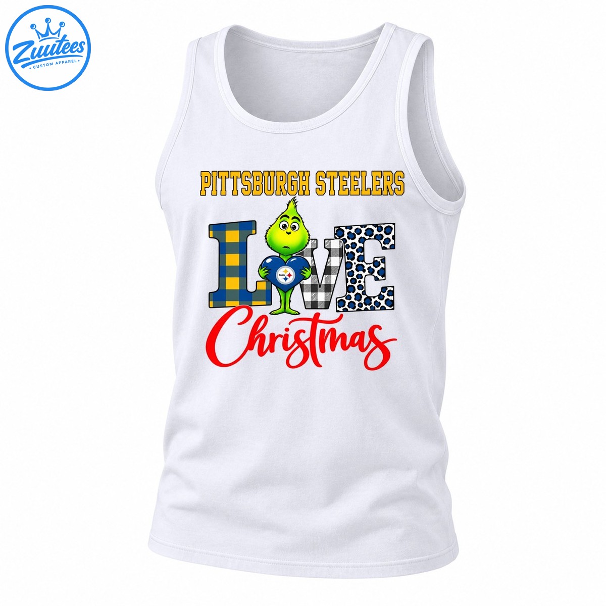 Grinch Holding Pittsburgh Steelers Heart Merry Christmas Checkered Leopard Pattern Tank Top