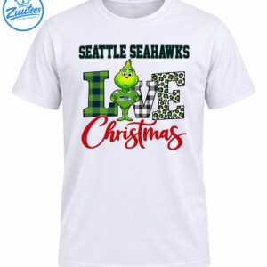 Seattle Seahawks Christmas design with a green Grinch holding a heart, plaid and leopard print LOVE lettering, and red Christmas script
