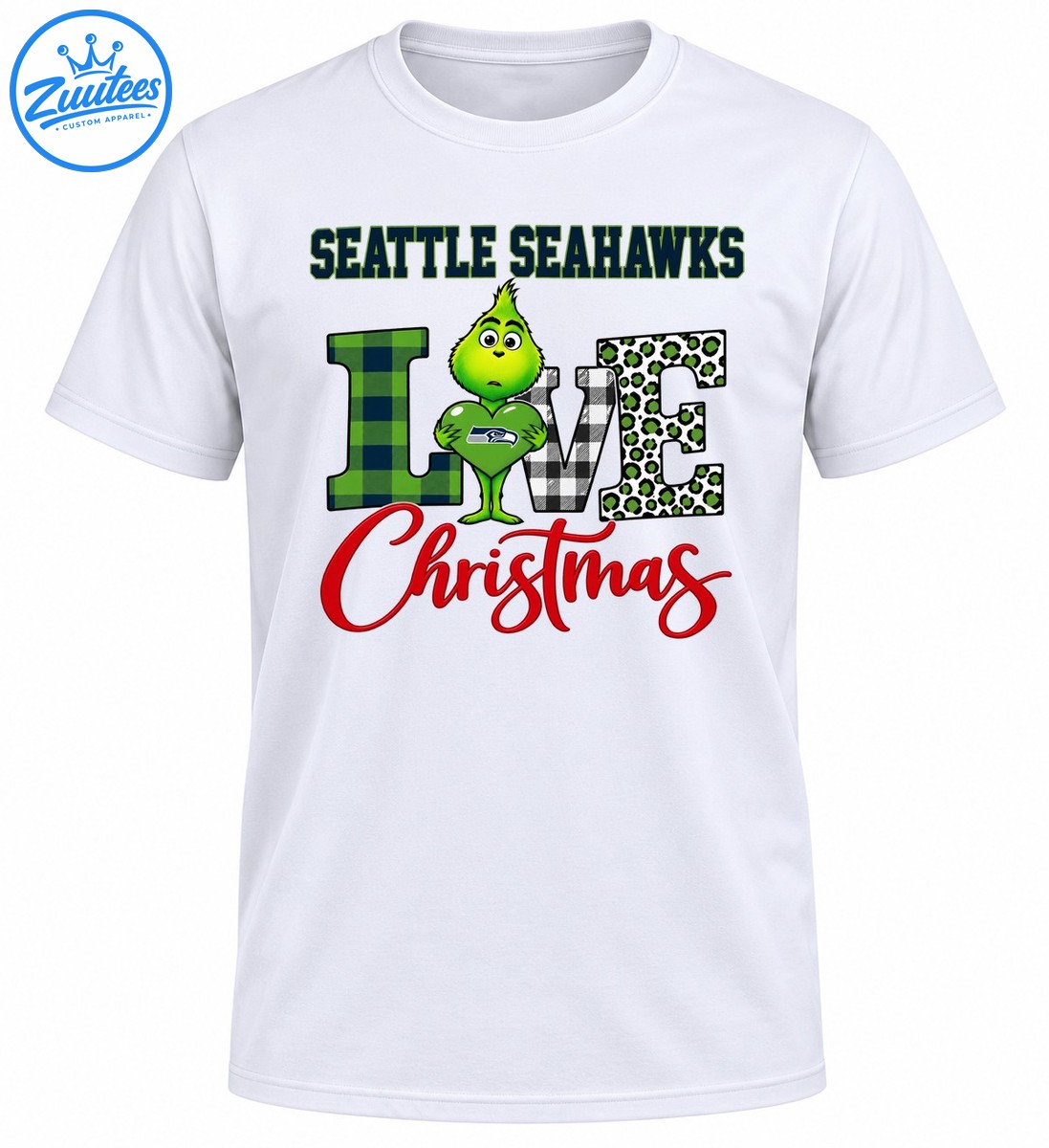 Seattle Seahawks Christmas design with a green Grinch holding a heart, plaid and leopard print LOVE lettering, and red Christmas script Seattle Seahawks Christmas design with a green Grinch holding a heart, plaid and leopard print LOVE lettering, and red Christmas script