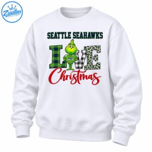 Seattle Seahawks Christmas design with a green Grinch holding a heart, plaid and leopard print LOVE lettering, and red Christmas script