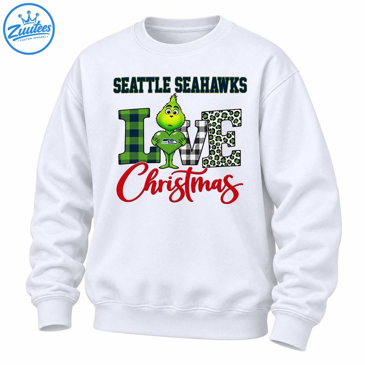 Grinch Holding Seattle Seahawks Heart Merry Christmas Checkered Leopard Pattern Sweatshirt