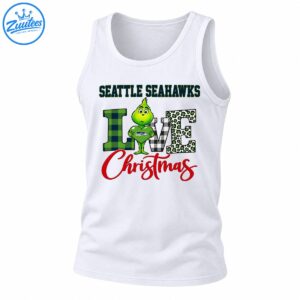 Seattle Seahawks Christmas design with a green Grinch holding a heart, plaid and leopard print LOVE lettering, and red Christmas script