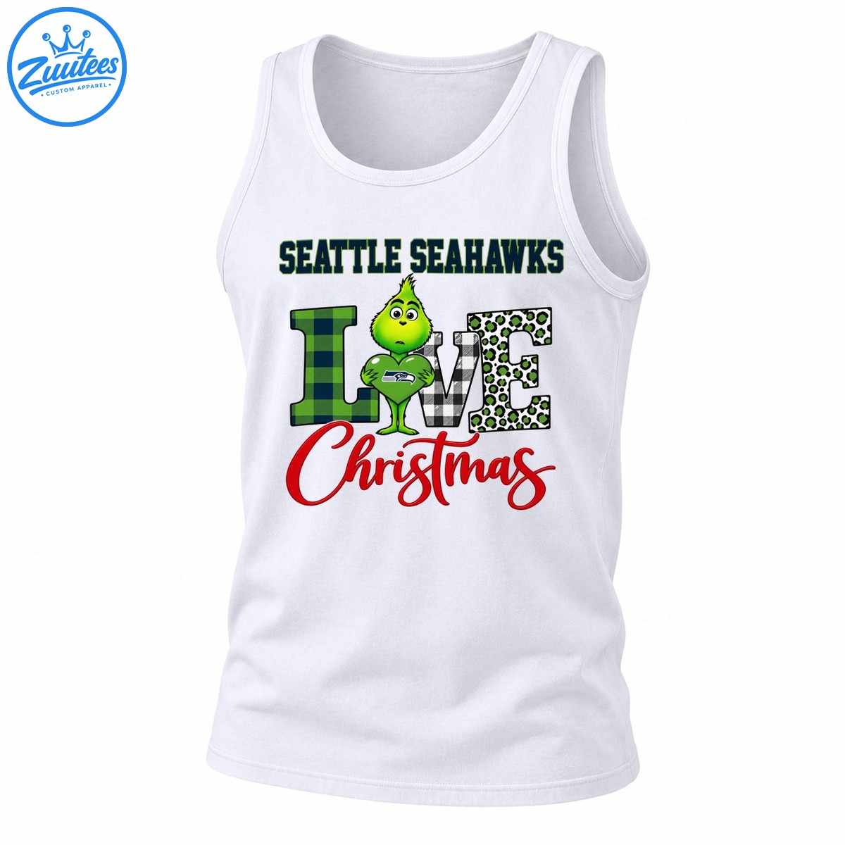 Grinch Holding Seattle Seahawks Heart Merry Christmas Checkered Leopard Pattern Tank Top