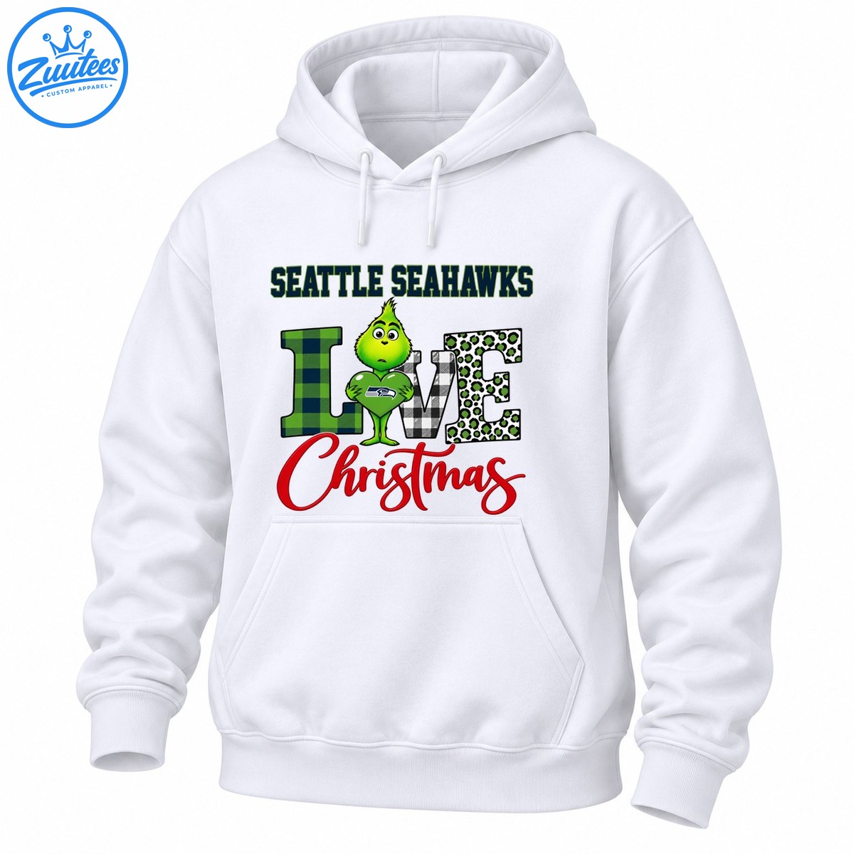 Seattle Seahawks Christmas design with a green Grinch holding a heart, plaid and leopard print LOVE lettering, and red Christmas script Seattle Seahawks Christmas design with a green Grinch holding a heart, plaid and leopard print LOVE lettering, and red Christmas script