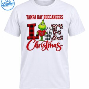 Green Grinch holding a red heart with Tampa Bay Buccaneers text, plaid LOVE letters, leopard spots, and red Christmas script