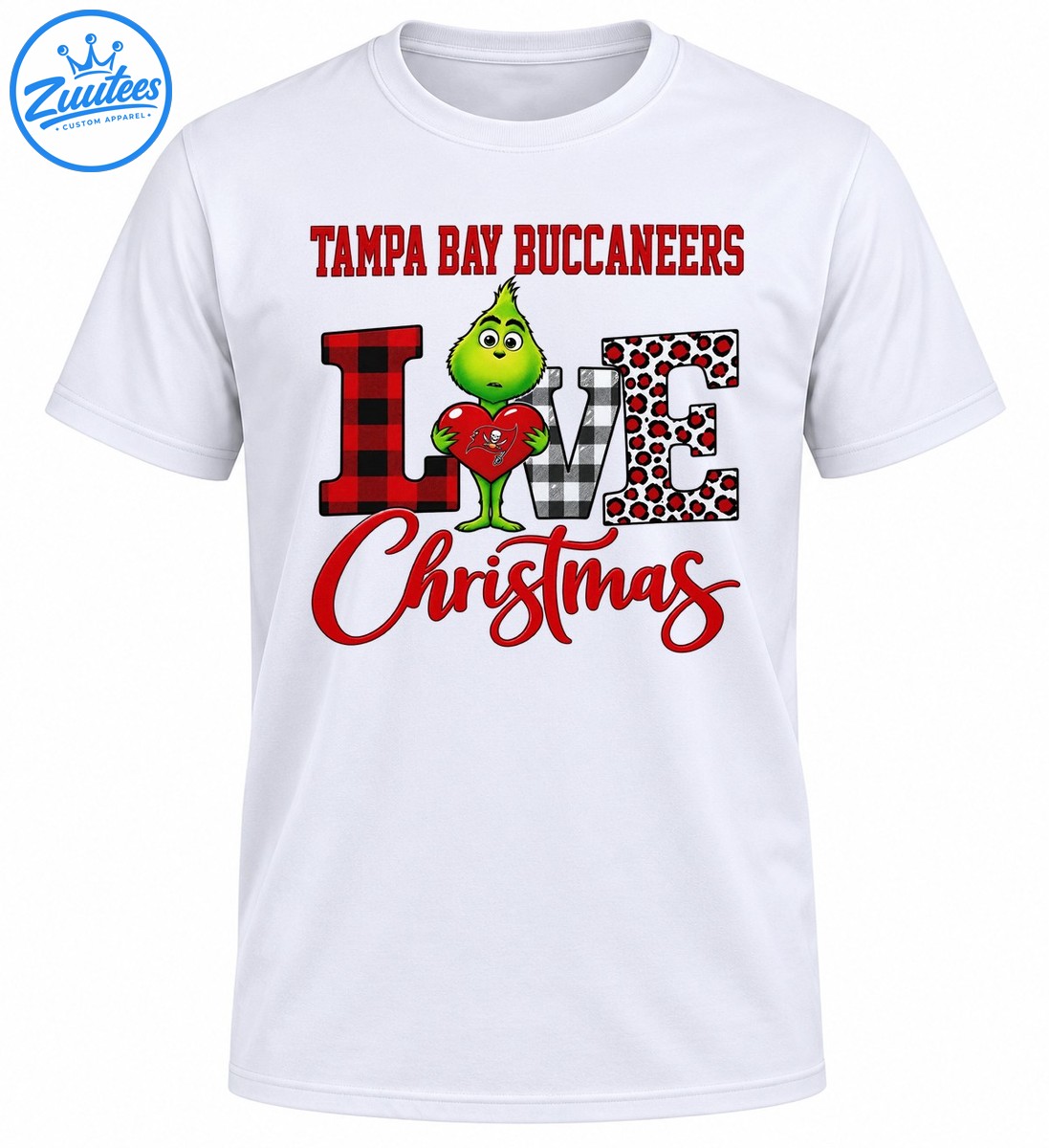 Green Grinch holding a red heart with Tampa Bay Buccaneers text, plaid LOVE letters, leopard spots, and red Christmas script Green Grinch holding a red heart with Tampa Bay Buccaneers text, plaid LOVE letters, leopard spots, and red Christmas script
