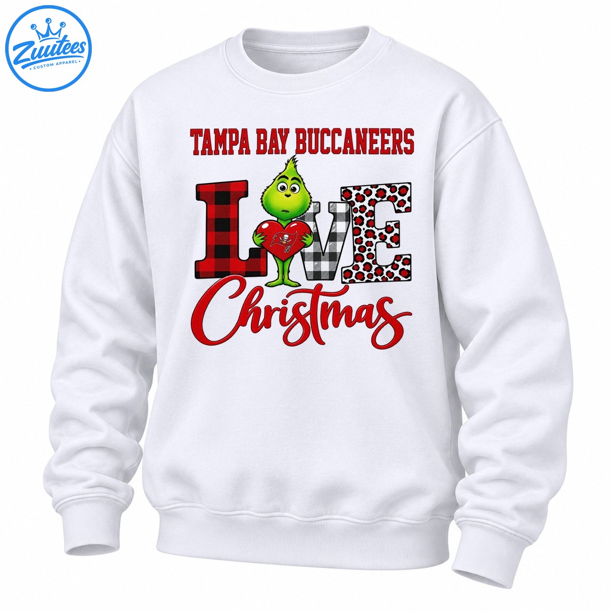Grinch Holding Tampa Bay Buccaneers Heart Merry Christmas Checkered Leopard Pattern Sweatshirt