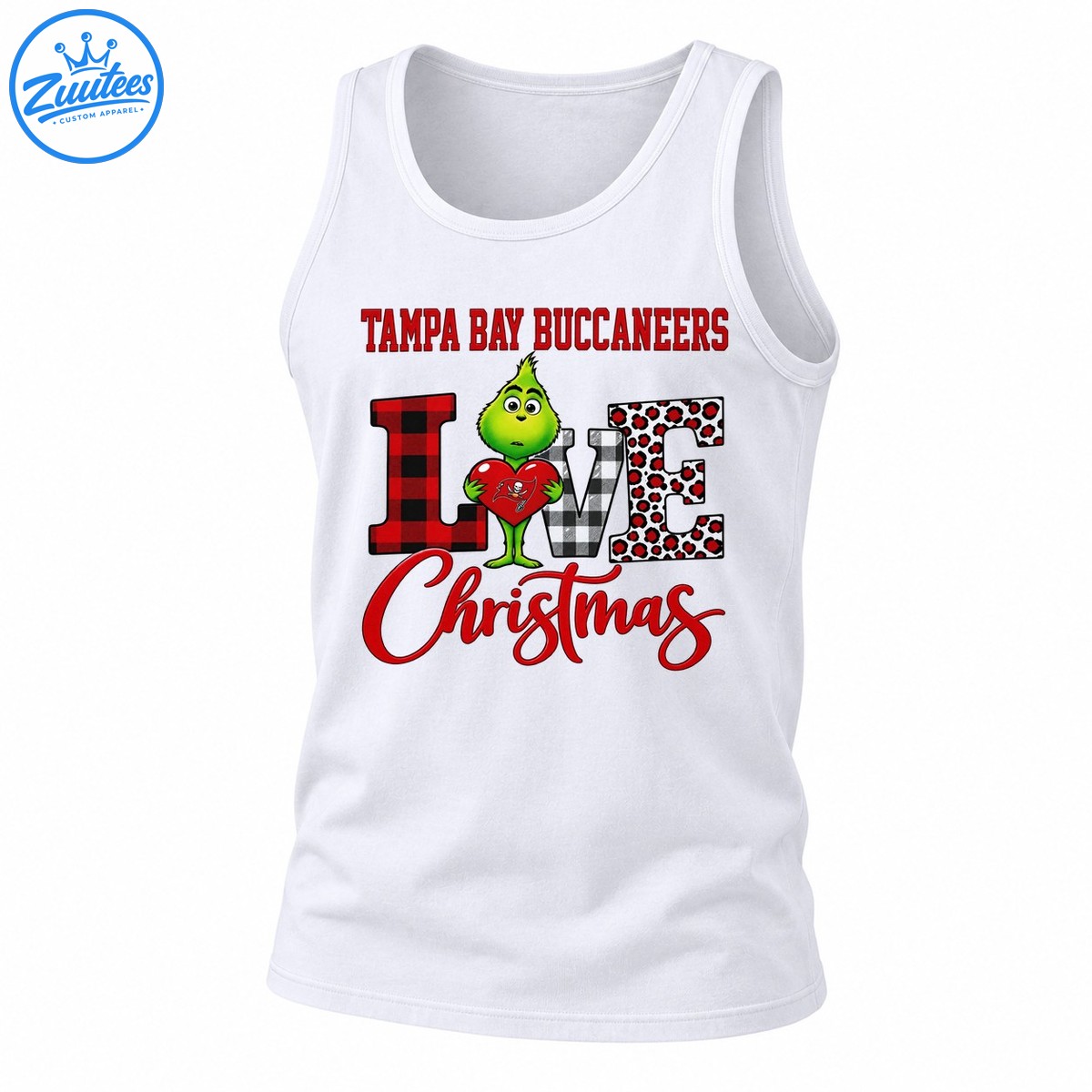 Grinch Holding Tampa Bay Buccaneers Heart Merry Christmas Checkered Leopard Pattern Tank Top