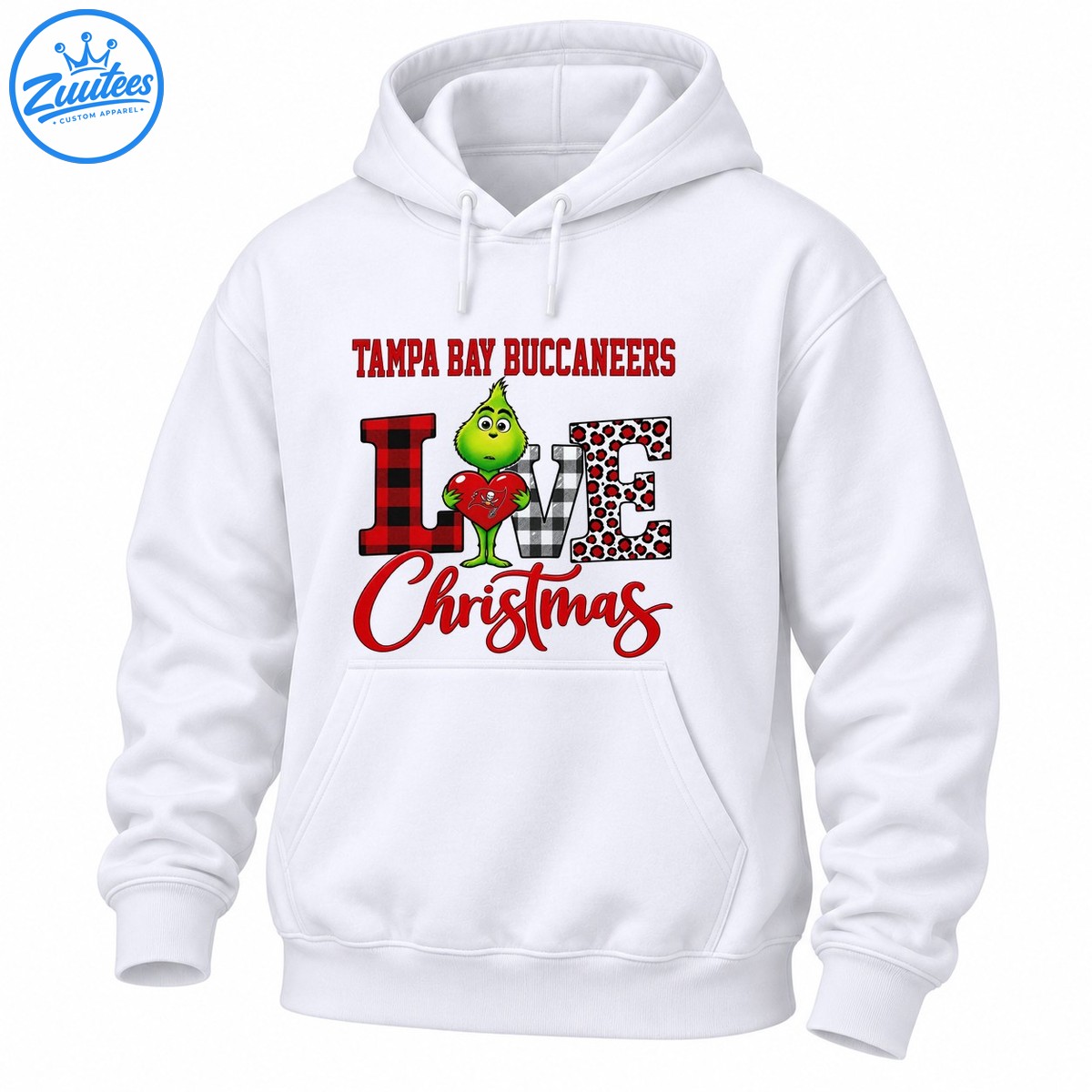 Green Grinch holding a red heart with Tampa Bay Buccaneers text, plaid LOVE letters, leopard spots, and red Christmas script Green Grinch holding a red heart with Tampa Bay Buccaneers text, plaid LOVE letters, leopard spots, and red Christmas script