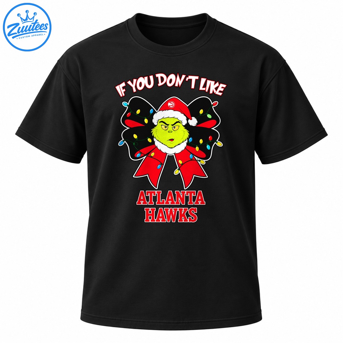 Grumpy green Christmas character in a Santa hat with a red bow, colorful lights, and Atlanta Hawks lettering Grumpy green Christmas character in a Santa hat with a red bow, colorful lights, and Atlanta Hawks lettering