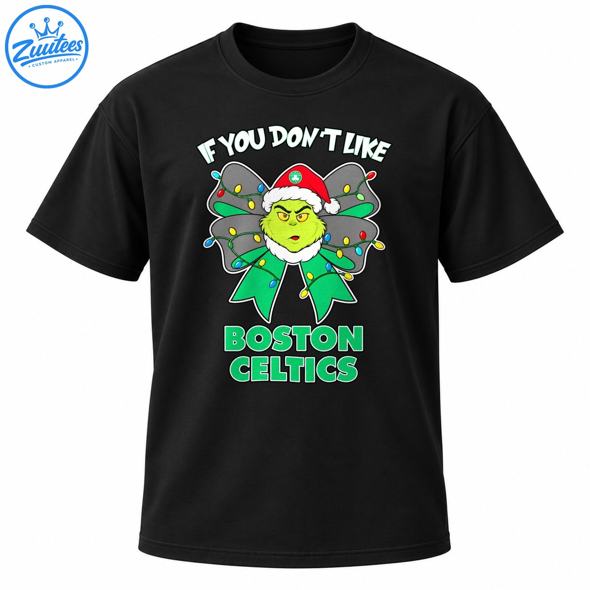 Grinch inspired green face in a Santa hat with a Christmas light bow and Boston Celtics lettering Grinch-inspired green face in a Santa hat with a Christmas light bow and Boston Celtics lettering