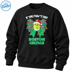 Grinch-inspired green face in a Santa hat with a Christmas light bow and Boston Celtics lettering