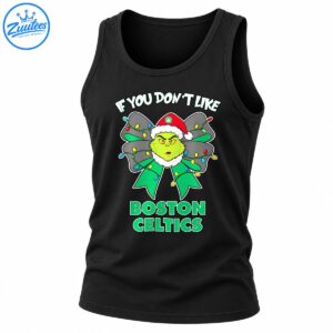 Grinch-inspired green face in a Santa hat with a Christmas light bow and Boston Celtics lettering