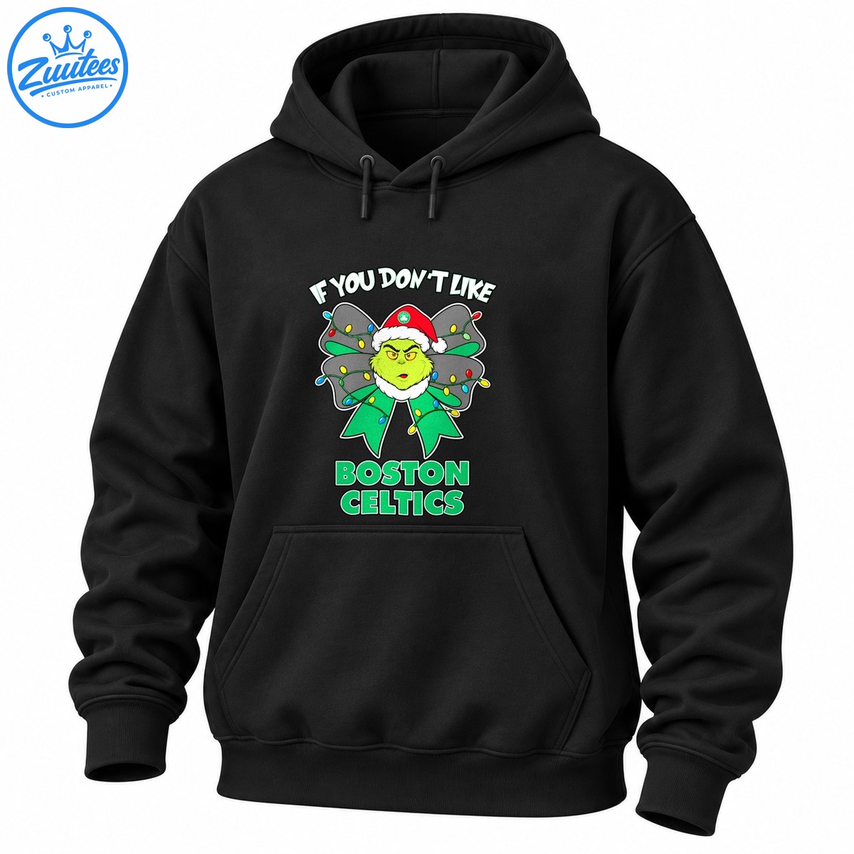 Grinch inspired green face in a Santa hat with a Christmas light bow and Boston Celtics lettering Grinch-inspired green face in a Santa hat with a Christmas light bow and Boston Celtics lettering