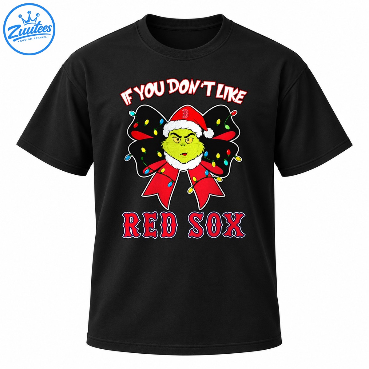 Grumpy green holiday character in a Santa hat with a red bow, colorful Christmas lights, and Red Sox lettering Grumpy green holiday character in a Santa hat with a red bow, colorful Christmas lights, and Red Sox lettering