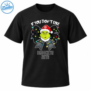Green Grinch in a Santa hat with a black Christmas light bow and Brooklyn Nets lettering