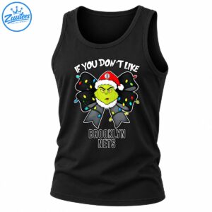 Green Grinch in a Santa hat with a black Christmas light bow and Brooklyn Nets lettering