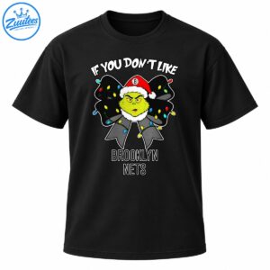 Green grumpy character in a red Santa hat on a black Christmas bow with colorful lights and Brooklyn Nets text