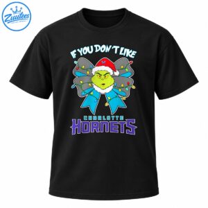 Green Grinch in a Santa hat with a gray and teal Christmas light bow and Charlotte Hornets lettering