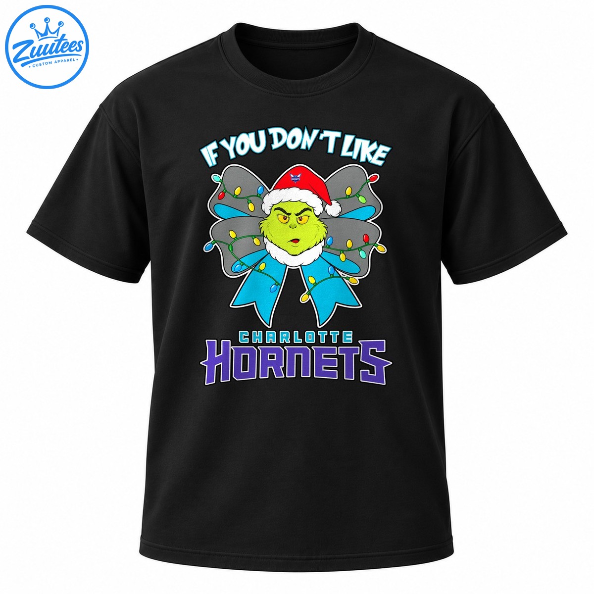 Green Grinch in a Santa hat with a gray and teal Christmas light bow and Charlotte Hornets lettering Green Grinch in a Santa hat with a gray and teal Christmas light bow and Charlotte Hornets lettering