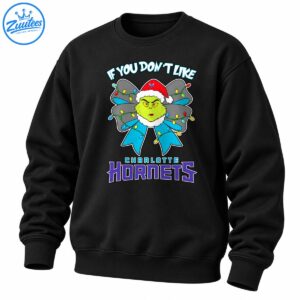 Green Grinch in a Santa hat with a gray and teal Christmas light bow and Charlotte Hornets lettering