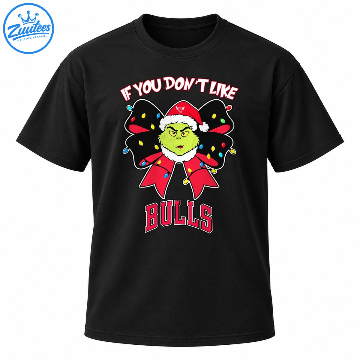 Green Grinch style face in a Santa hat with a colorful Christmas light bow and bold red BULLS lettering. Green Grinch-style face in a Santa hat with a colorful Christmas light bow and bold red BULLS lettering.