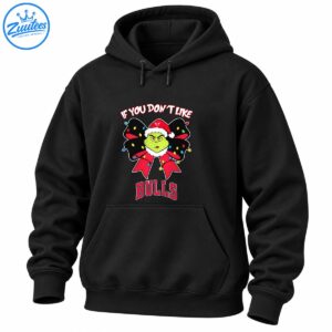Green Grinch-style face in a Santa hat with a colorful Christmas light bow and bold red BULLS lettering.