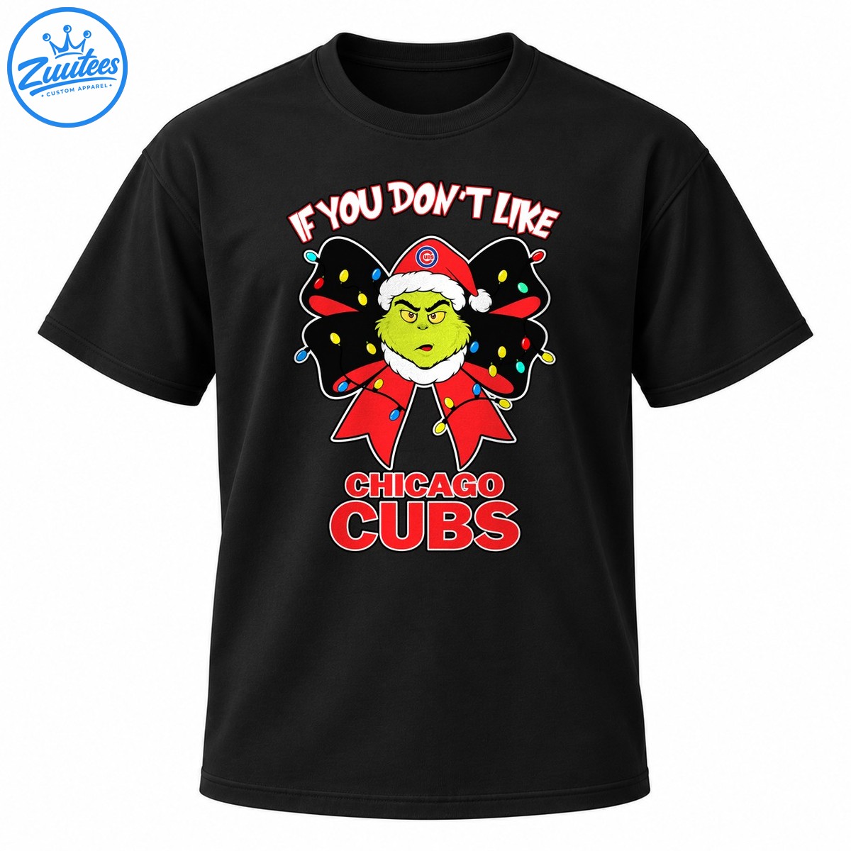 Green grumpy Christmas character in a red Santa hat with a black and red light up bow and Chicago Cubs lettering Green grumpy Christmas character in a red Santa hat with a black and red light-up bow and Chicago Cubs lettering