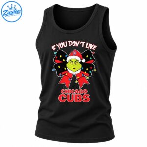 Green grumpy Christmas character in a red Santa hat with a black and red light-up bow and Chicago Cubs lettering