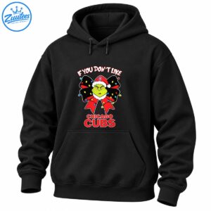 Green grumpy Christmas character in a red Santa hat with a black and red light-up bow and Chicago Cubs lettering