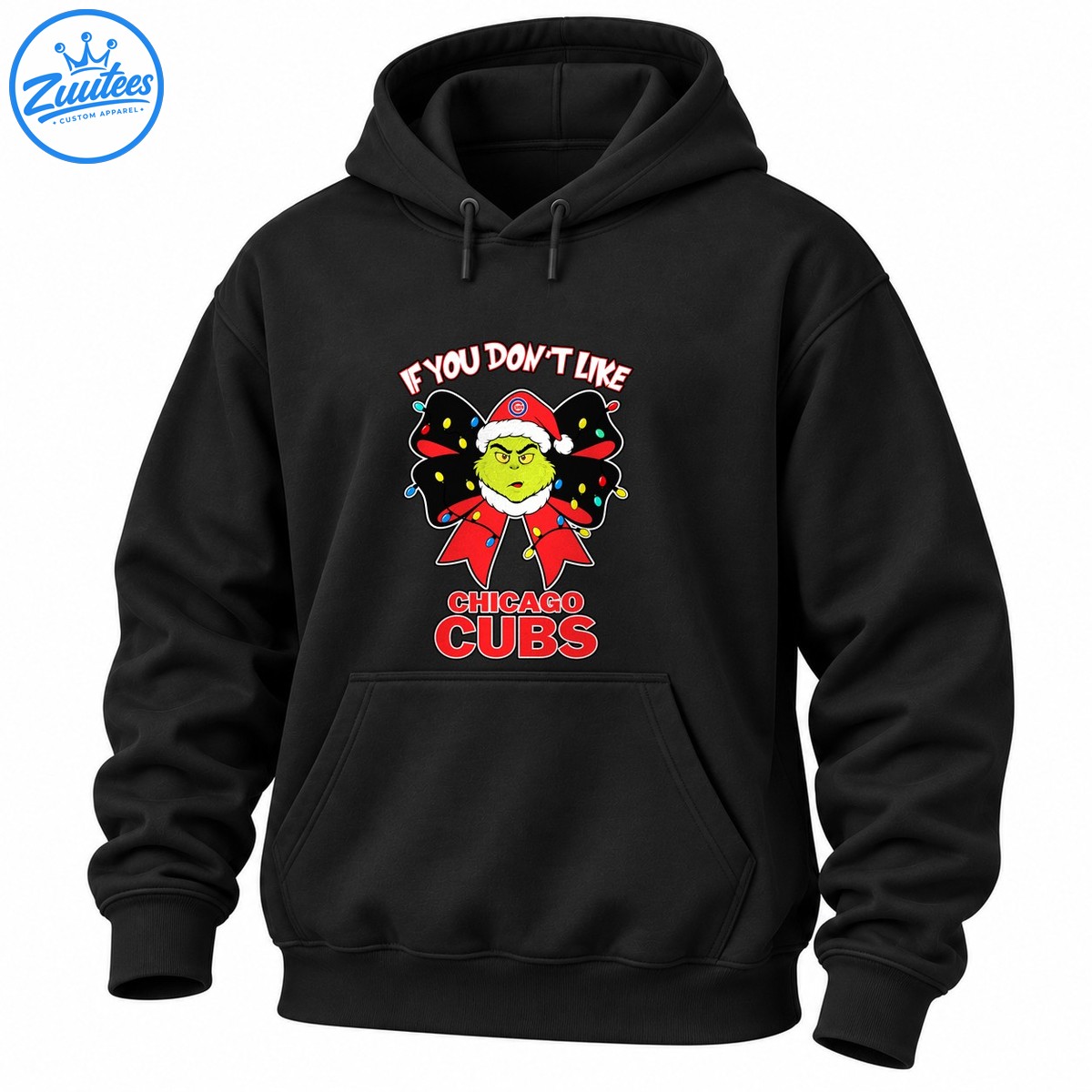 Green grumpy Christmas character in a red Santa hat with a black and red light up bow and Chicago Cubs lettering Green grumpy Christmas character in a red Santa hat with a black and red light-up bow and Chicago Cubs lettering