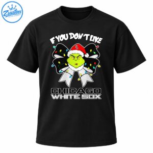 Green grumpy Christmas character in a red Santa hat with a black and white bow, colorful lights, and Chicago White Sox text
