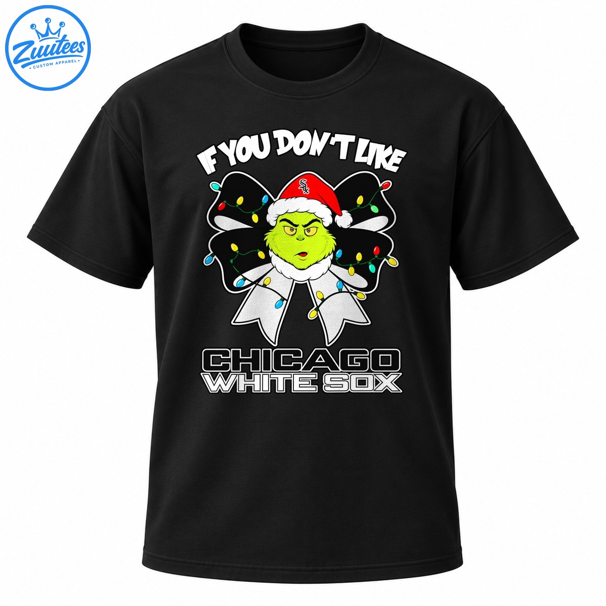 Green grumpy Christmas character in a red Santa hat with a black and white bow, colorful lights, and Chicago White Sox text Green grumpy Christmas character in a red Santa hat with a black and white bow, colorful lights, and Chicago White Sox text