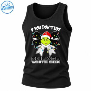 Green grumpy Christmas character in a red Santa hat with a black and white bow, colorful lights, and Chicago White Sox text