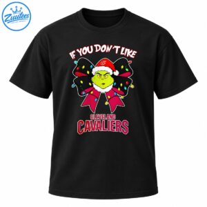 Grumpy green Christmas character in a Santa hat inside a festive bow with colorful lights and Cleveland Cavaliers lettering