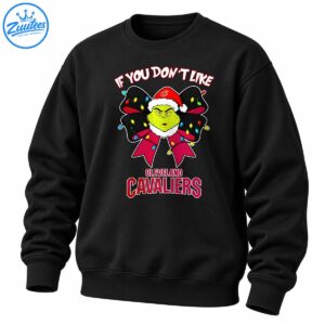 Grumpy green Christmas character in a Santa hat inside a festive bow with colorful lights and Cleveland Cavaliers lettering