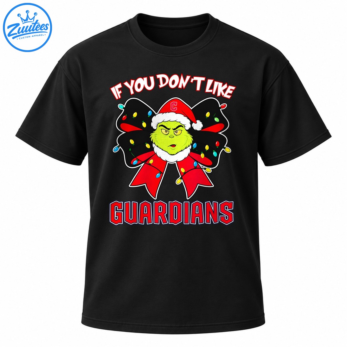 Grumpy green Grinch character in a red Santa hat inside a black Christmas bow with colorful lights and bold Guardians lettering Grumpy green Grinch character in a red Santa hat inside a black Christmas bow with colorful lights and bold Guardians lettering