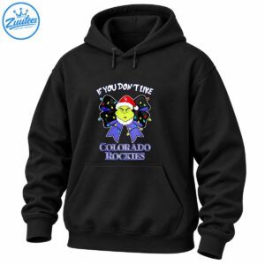 Grumpy green Christmas character in a Santa hat with a purple bow, colorful lights, and Colorado Rockies lettering