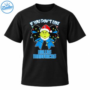 Grumpy green Christmas character wearing a Santa hat with a black and blue light-up bow and Dallas Mavericks lettering