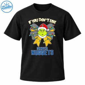 Grumpy green Christmas character in a Santa hat with a gray and gold bow, colorful lights, and Denver Nuggets lettering