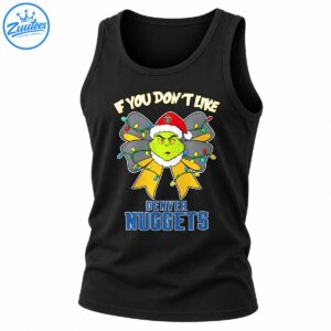 Grumpy green Christmas character in a Santa hat with a gray and gold bow, colorful lights, and Denver Nuggets lettering